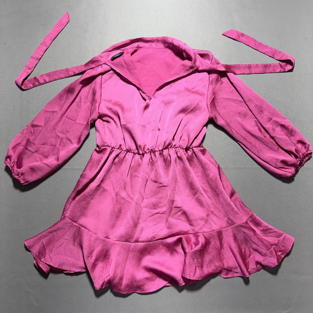 VICI Magenta Pink Satin Ruffle Hem Mini Dress Long Balloon Sleeve Large